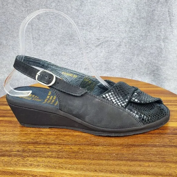 Spring Step Sandals Women's 8.5 39 Black Leather Slingback Wedge Peep Toe Shoes