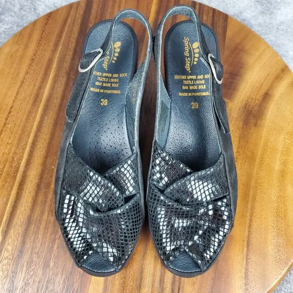Spring Step Sandals Women's 8.5 39 Black Leather Slingback Wedge Peep Toe Shoes