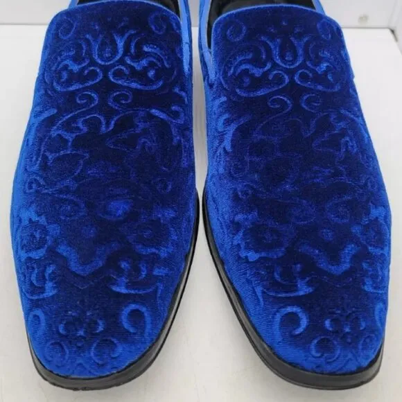 STACY ADAMS Mens sz 10 1/2 Debossed Blue Velour Slip On SAUNDERS Loafer Shoes