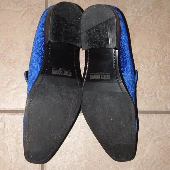 STACY ADAMS Mens sz 10 1/2 Debossed Blue Velour Slip On SAUNDERS Loafer Shoes