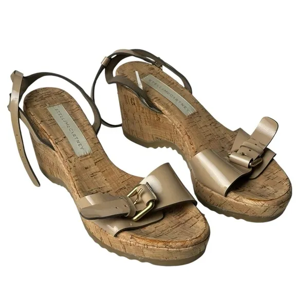 Stella McCartney Size 39 Cork Wedge Sandals Faux Leather Beige Summer