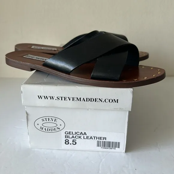 Steve Madden Gelicaa Black Leather Cris Cross Shoes Sandals Sz.8.5