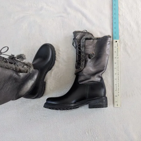 Stuart Weitzman Bearwear Silver Leather Pom Pom Water Resistant Boots-7.5