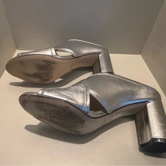 STUART WEITZMAN BLOCK HEEL SLIDE SANDALS MULES-SILVER Metallic Summer