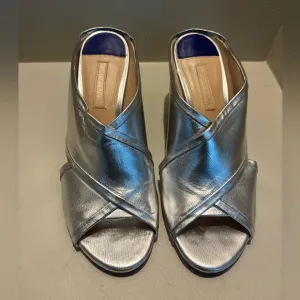 STUART WEITZMAN BLOCK HEEL SLIDE SANDALS MULES-SILVER Metallic Summer