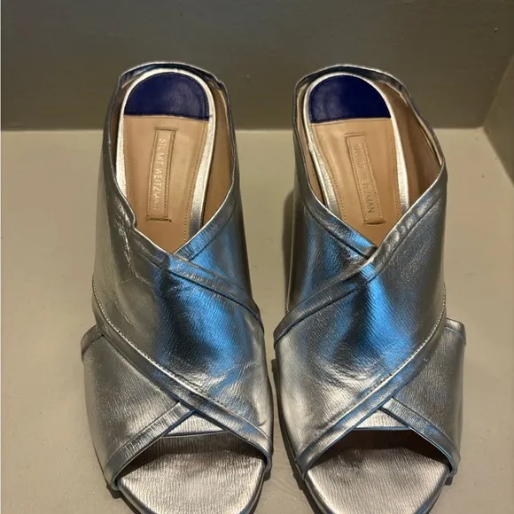 STUART WEITZMAN BLOCK HEEL SLIDE SANDALS MULES-SILVER Metallic Summer