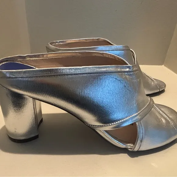 STUART WEITZMAN BLOCK HEEL SLIDE SANDALS MULES-SILVER Metallic Summer