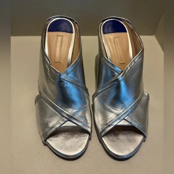 STUART WEITZMAN BLOCK HEEL SLIDE SANDALS MULES-SILVER Metallic Summer
