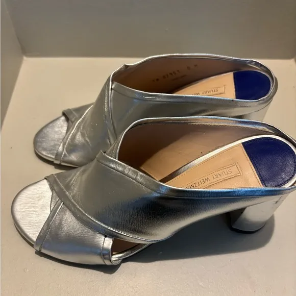 STUART WEITZMAN BLOCK HEEL SLIDE SANDALS MULES-SILVER Metallic Summer