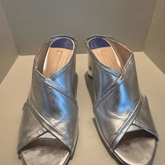 STUART WEITZMAN BLOCK HEEL SLIDE SANDALS MULES-SILVER Metallic Summer