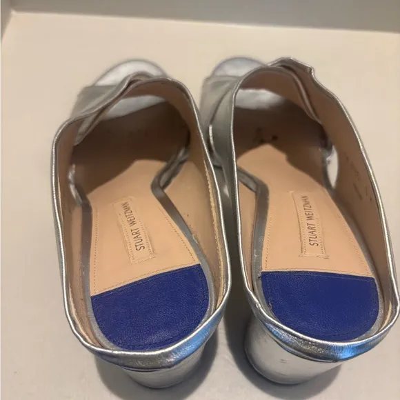 STUART WEITZMAN BLOCK HEEL SLIDE SANDALS MULES-SILVER Metallic Summer