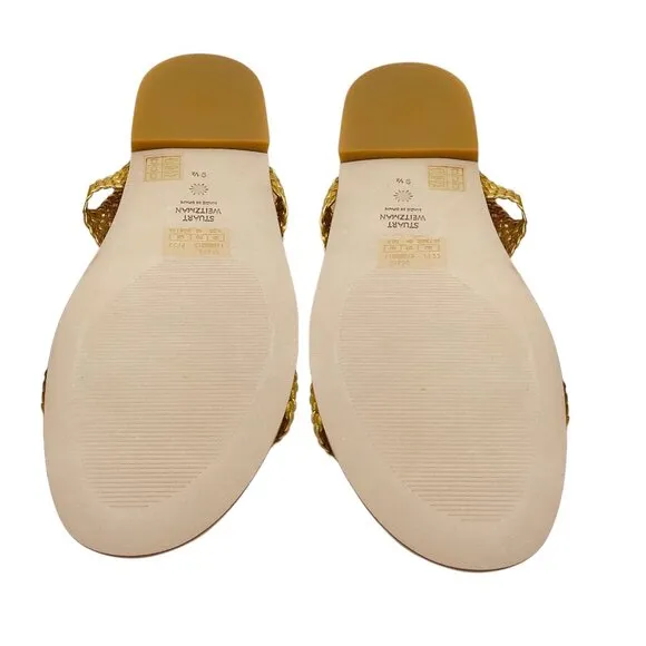 Stuart Weitzman Gold Metallic Teodora Woven Leather Flat Sandals