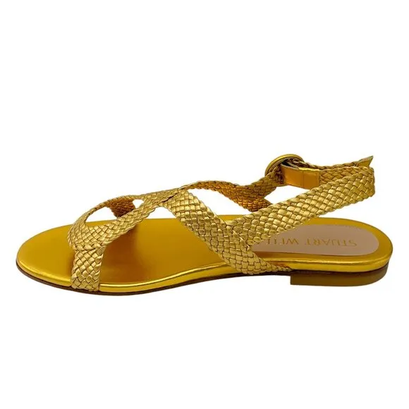Stuart Weitzman Gold Metallic Teodora Woven Leather Flat Sandals