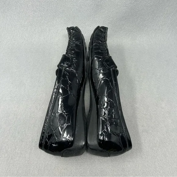 Stuart Weitzman Patent Leather Loafer Black Croc Embossed Moc Toe Flat 7N,Narrow