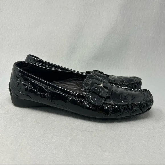 Stuart Weitzman Patent Leather Loafer Black Croc Embossed Moc Toe Flat 7N,Narrow