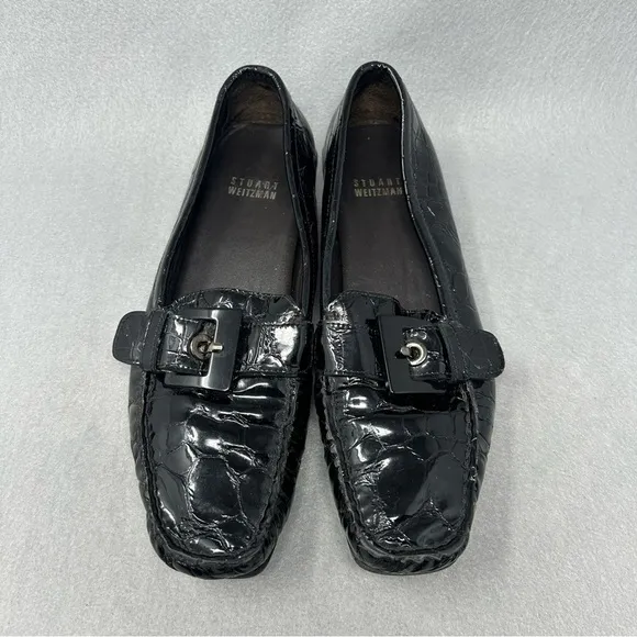 Stuart Weitzman Patent Leather Loafer Black Croc Embossed Moc Toe Flat 7N,Narrow