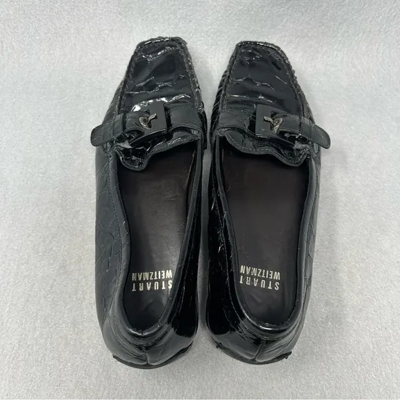 Stuart Weitzman Patent Leather Loafer Black Croc Embossed Moc Toe Flat 7N,Narrow