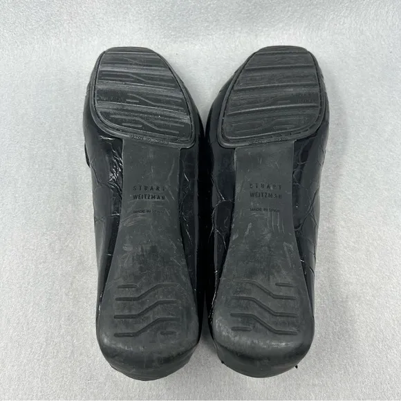 Stuart Weitzman Patent Leather Loafer Black Croc Embossed Moc Toe Flat 7N,Narrow