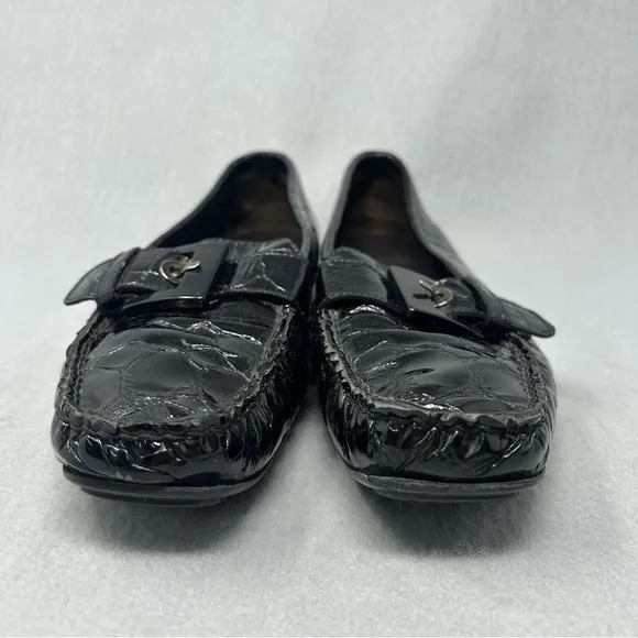 Stuart Weitzman Patent Leather Loafer Black Croc Embossed Moc Toe Flat 7N,Narrow