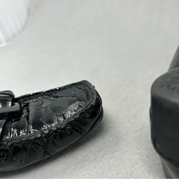 Stuart Weitzman Patent Leather Loafer Black Croc Embossed Moc Toe Flat 7N,Narrow