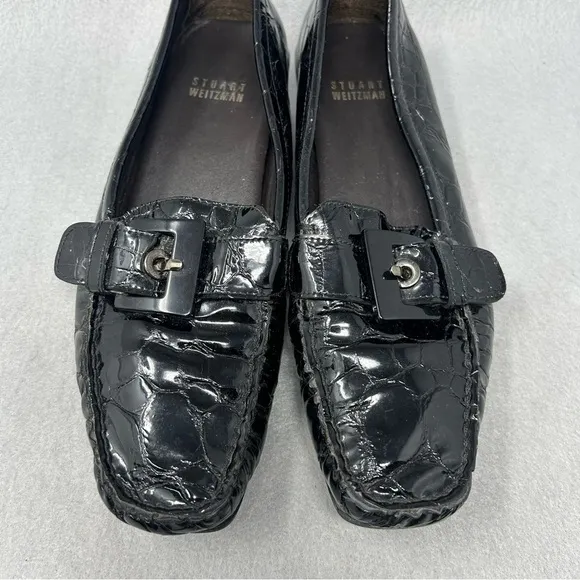 Stuart Weitzman Patent Leather Loafer Black Croc Embossed Moc Toe Flat 7N,Narrow