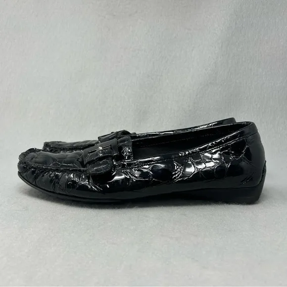Stuart Weitzman Patent Leather Loafer Black Croc Embossed Moc Toe Flat 7N,Narrow