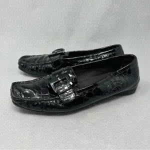 Stuart Weitzman Patent Leather Loafer Black Croc Embossed Moc Toe Flat 7N,Narrow