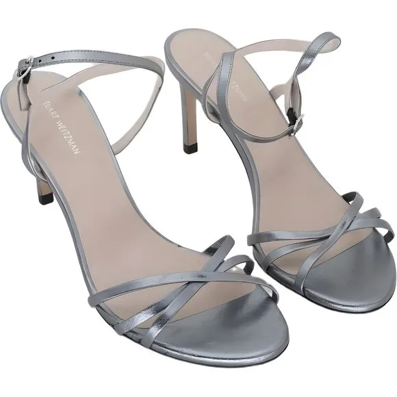 Stuart Weitzman Starla 80 Ankle Strap Sandal Gunmetal Metallic Heel 8.5 US