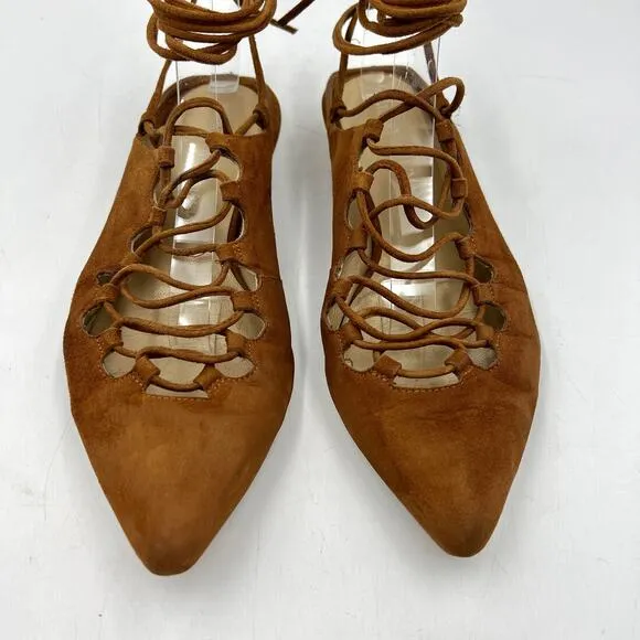 Stuart Weitzman Stringdown Suede Lace-Up Flat Amaretto Tan Pointy Toe Mule