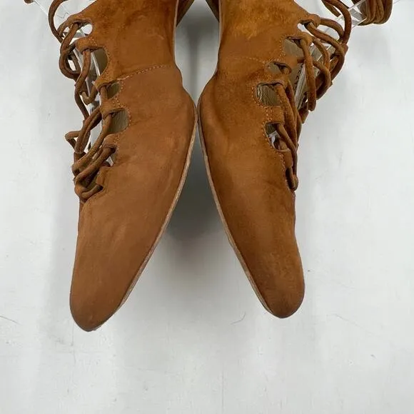Stuart Weitzman Stringdown Suede Lace-Up Flat Amaretto Tan Pointy Toe Mule