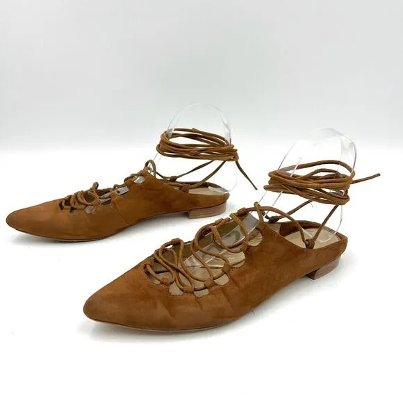 Stuart Weitzman Stringdown Suede Lace-Up Flat Amaretto Tan Pointy Toe Mule