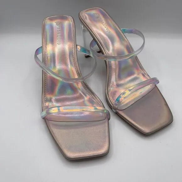 The Drop Avery Square Toe 2 Strap Lucite Heel Iridescent Sandal Party Shoes Sz 7