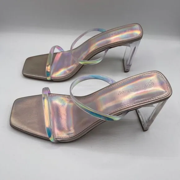 The Drop Avery Square Toe 2 Strap Lucite Heel Iridescent Sandal Party Shoes Sz 7