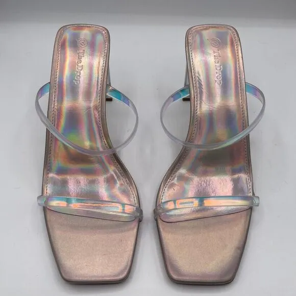 The Drop Avery Square Toe 2 Strap Lucite Heel Iridescent Sandal Party Shoes Sz 7