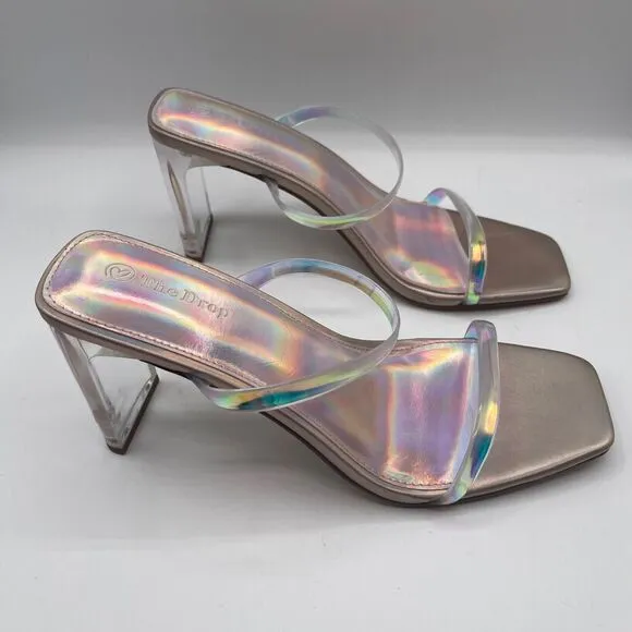 The Drop Avery Square Toe 2 Strap Lucite Heel Iridescent Sandal Party Shoes Sz 7