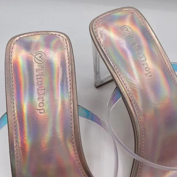 The Drop Avery Square Toe 2 Strap Lucite Heel Iridescent Sandal Party Shoes Sz 7