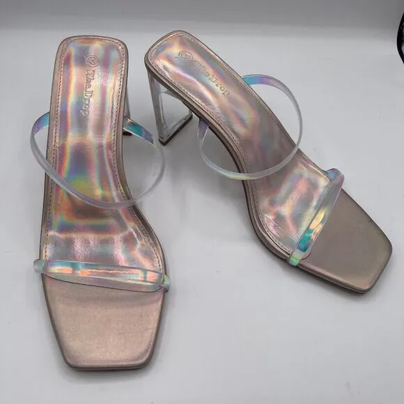 The Drop Avery Square Toe 2 Strap Lucite Heel Iridescent Sandal Party Shoes Sz 7