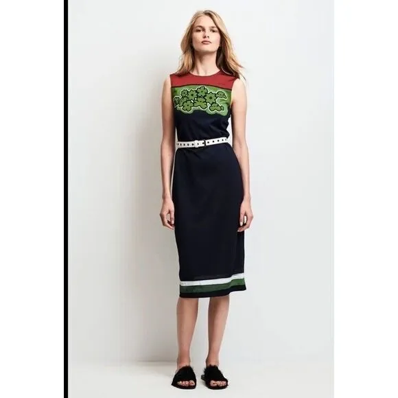TOMAS MAIER Floral-Yoke Sleeveless Sheath Dress Blue Size 8 Casual‎ Sporty EUC