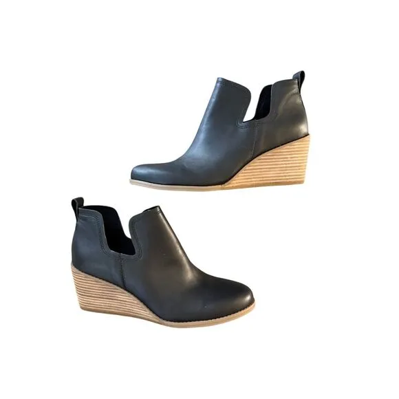 Toms Kallie Womens Black Leather Slip On Cut Out Ankle Wedge Boots Size 11