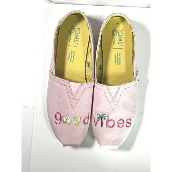 TOMS Womens Pink Embroidered Flat Shoes Size 6 US Good Vibes Alpargata  New