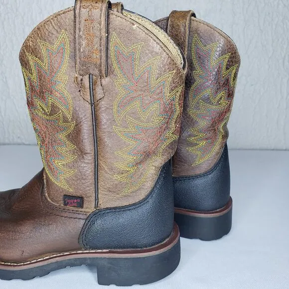 TONY LAMA Youth Size 12 D Bark Badger Cow Brown Leather Square Toe Boots LL906