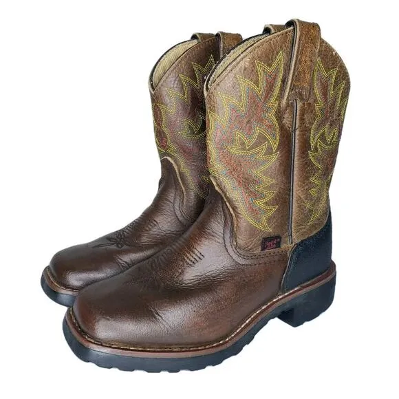TONY LAMA Youth Size 12 D Bark Badger Cow Brown Leather Square Toe Boots LL906