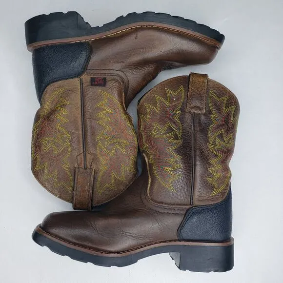 TONY LAMA Youth Size 12 D Bark Badger Cow Brown Leather Square Toe Boots LL906