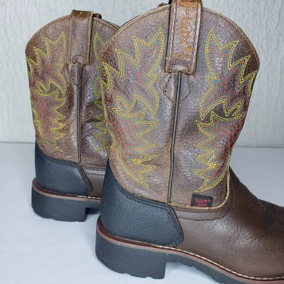 TONY LAMA Youth Size 12 D Bark Badger Cow Brown Leather Square Toe Boots LL906