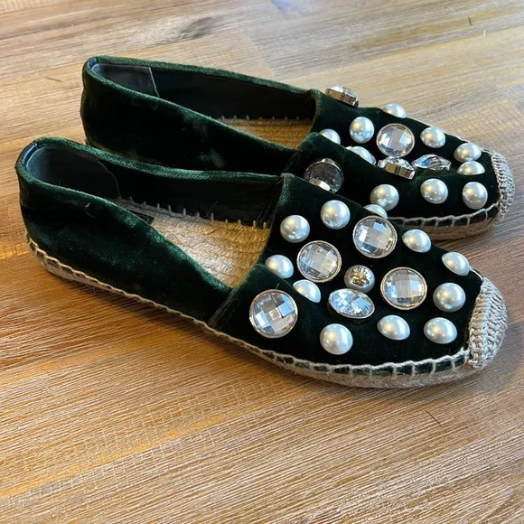 Tory Burch Black Velvet Crystal Embellished Vail Espadrille Flat