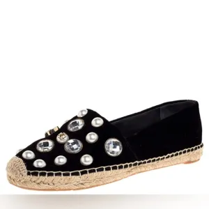 Tory Burch Black Velvet Crystal Embellished Vail Espadrille Flat