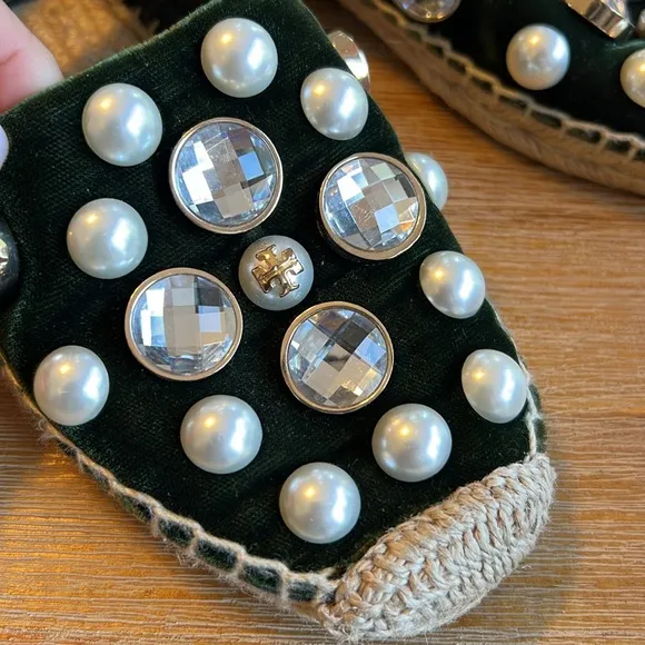Tory Burch Black Velvet Crystal Embellished Vail Espadrille Flat