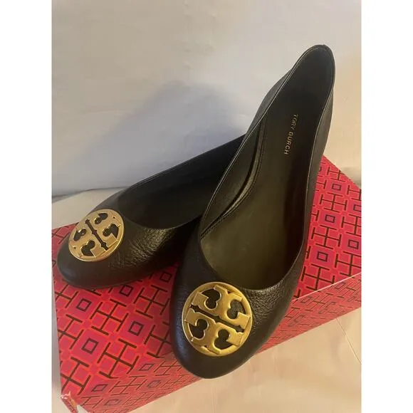 Tory Burch Claire Women's Ballet Flat Leather Shoes Black, Gold Size 9 Pre-owned