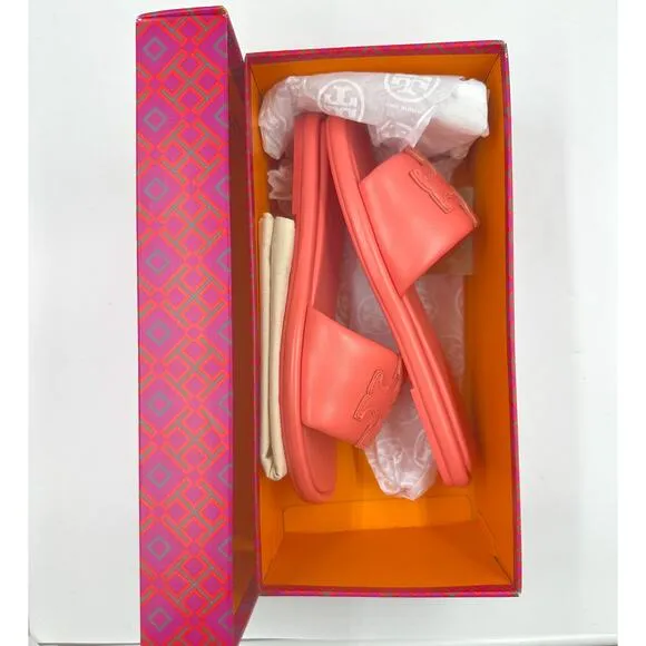 Tory Burch Double T Sport Leather Slide Coral Crush 160910. US 6.5 NEW NIB