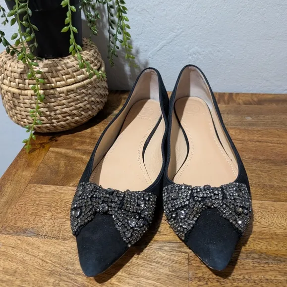 Tory Burch Esme Black Suede Rhinestones Flat Shoes-sz9.5  ~Stylish